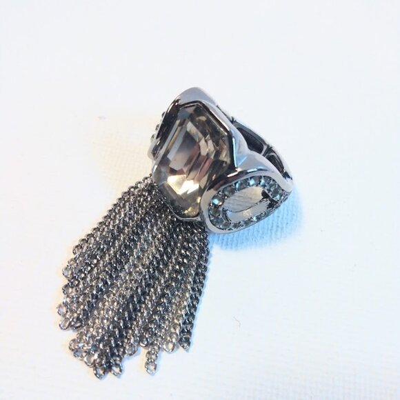 Statement Silver Toned Ring w/ Long Fringe Faux Gemstone Adjustable Cocktail - Picture 5 of 10